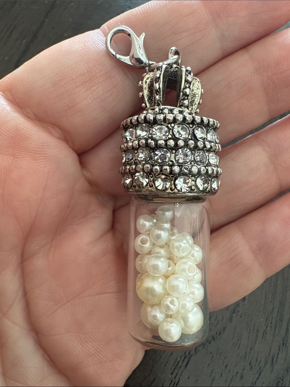 Silver Crown Vial Pendant with Pearl Beads - Women Jewelry